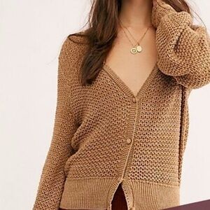 Free People Gold Glitter Illuminate Cardigan Oversized V-Neck Slouchy Size Small